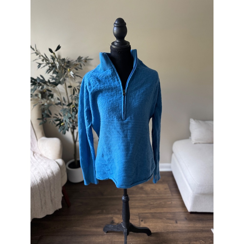 Obermeyer Womens XL Blue Quarter Zip Mixed Texture Knit Sweater Thumbhole Cuffs